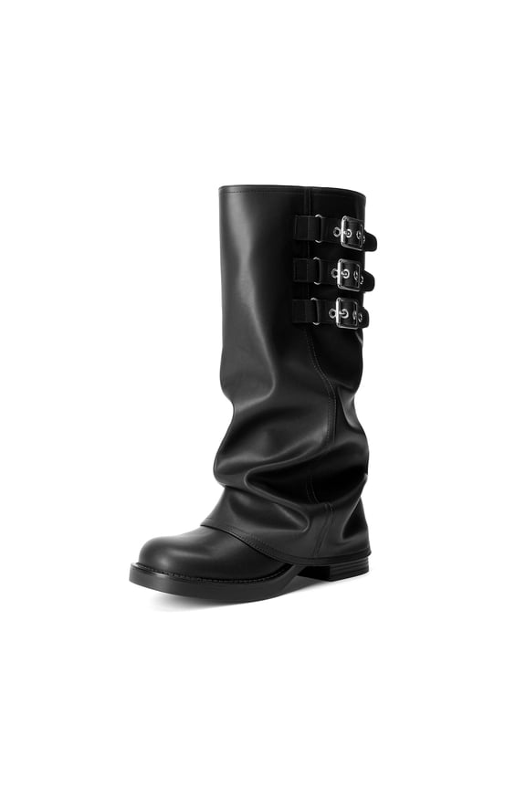 Women’s Fold Over Knee High Boots Low Heel Slouchy Wide Calf Pull On Tall Boots with Buckle
