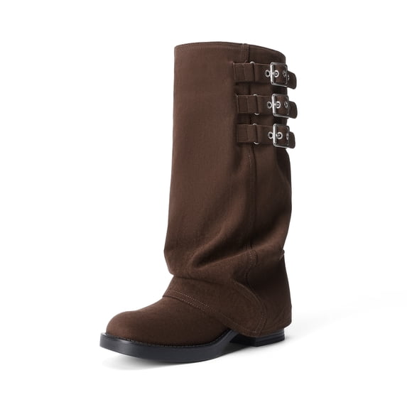 DREAM PAIRS Women’s Fold Over Knee High Boots Low Heel Slouchy Wide Calf Pull On Tall Boots with Buckle
