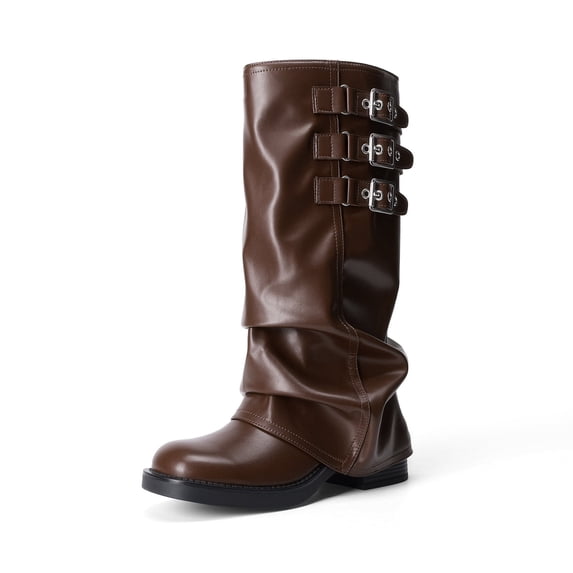 DREAM PAIRS Women’s Fold Over Knee High Boots Low Heel Slouchy Wide Calf Pull On Tall Boots with Buckle
