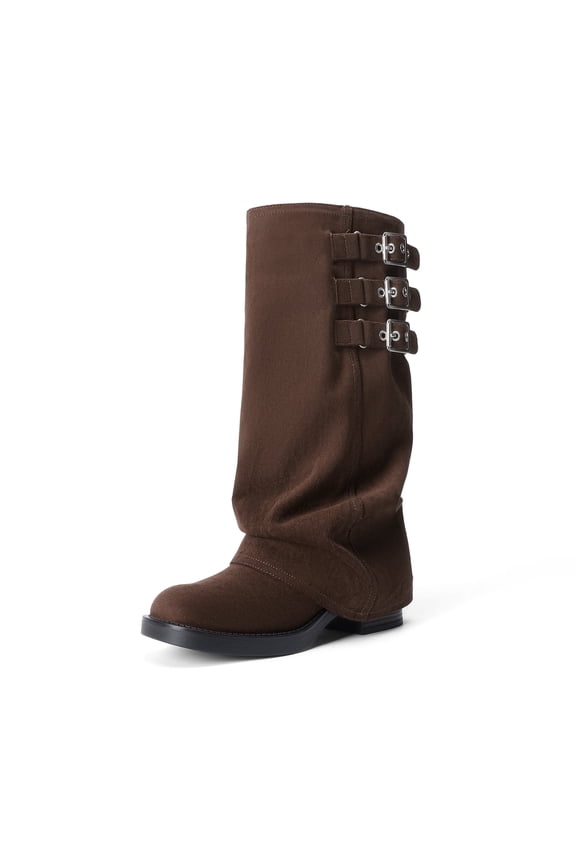 Women’s Fold Over Knee High Boots Low Heel Slouchy Wide Calf Pull On Tall Boots with Buckle