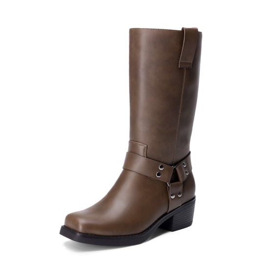 DREAM PAIRS Women's Knee High Black Harness Boots Western Style Riding Boots with Block Heel and Pull Tabs