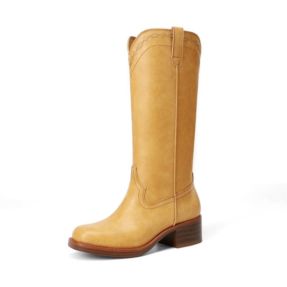 DREAM PAIRS Women's Knee High Boots Square Toe Tall Boots Pull-On Western Stitching Block Heel Fashion Boots