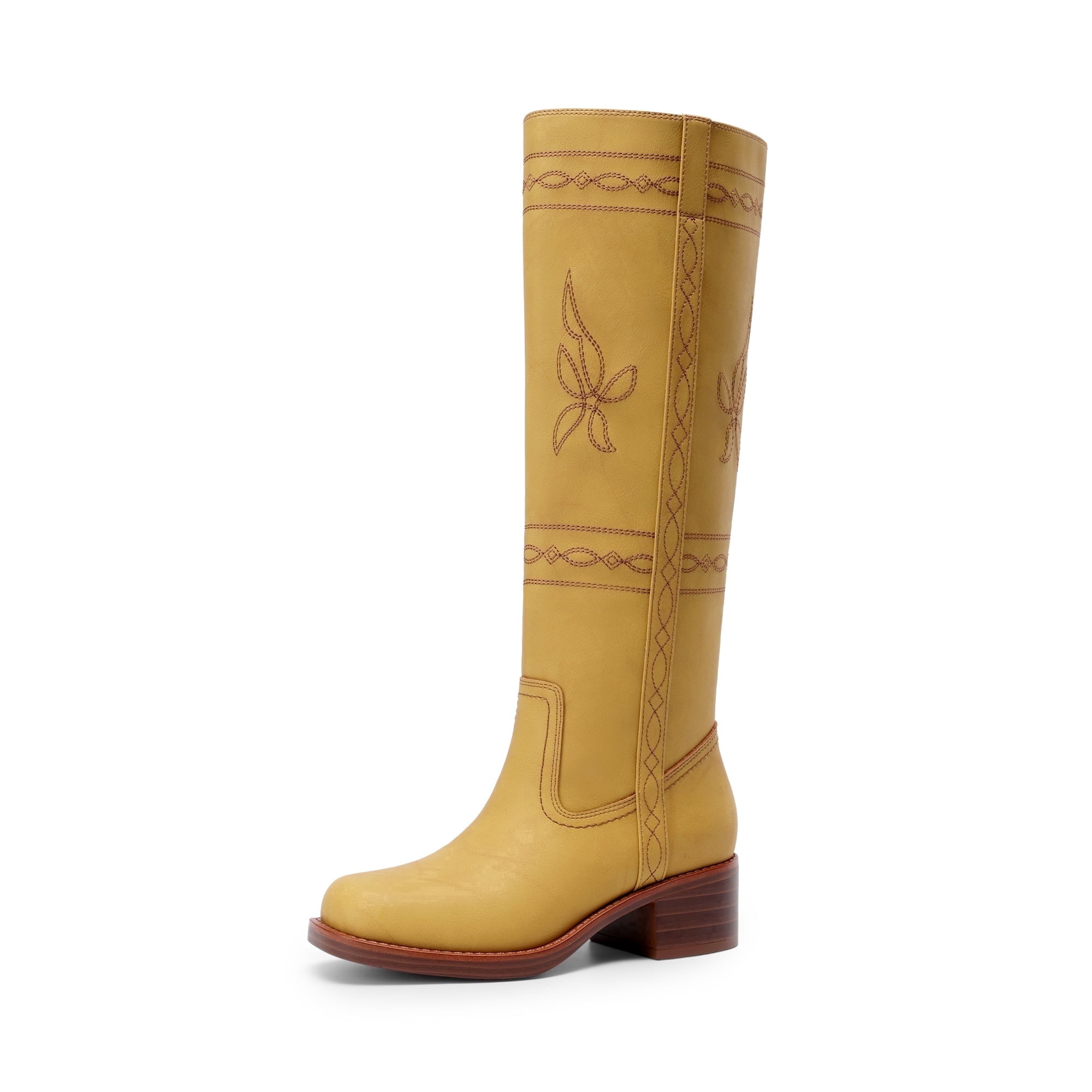 Women's Knee High Cowboy Boots Western Tall Boots Square Toe Pull-On Boots with Embroidery Vintage Style