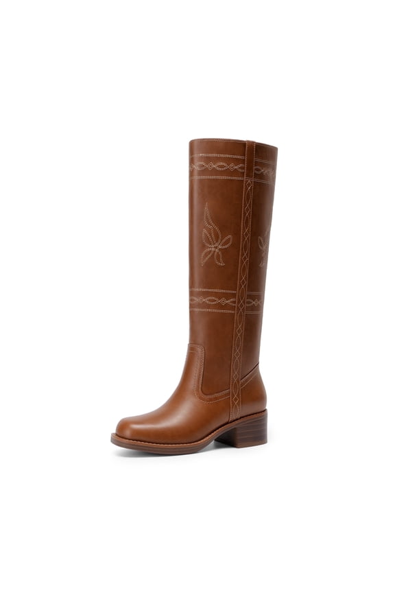 Women's Knee High Cowboy Boots Western Tall Boots Square Toe Pull-On Boots with Embroidery Vintage Style