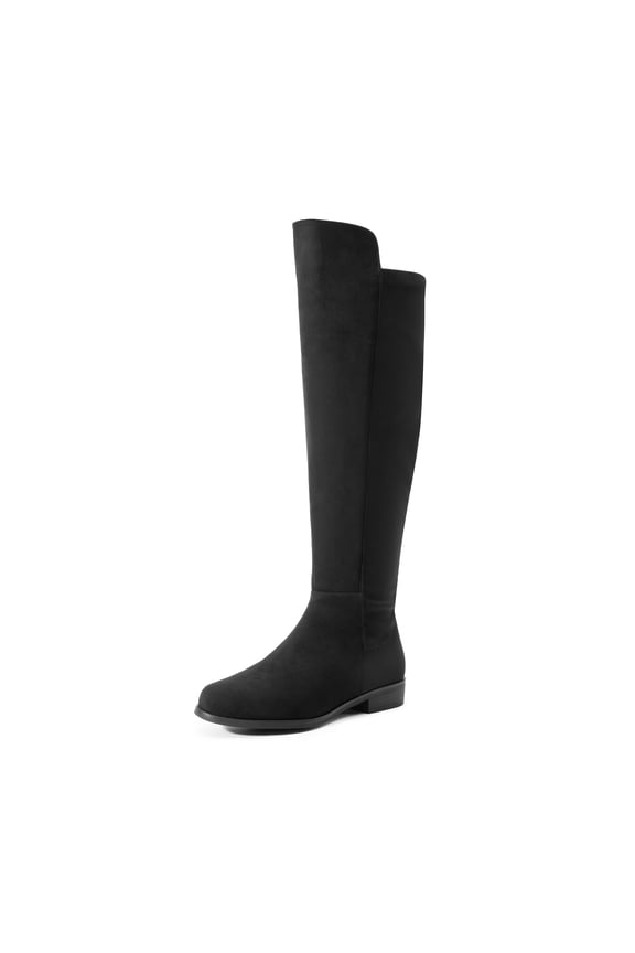 Women's Knee-High Boots Comfortable Flat Low Heel Round Toe Stretchy Suede Slouch Boots with Side Zipper