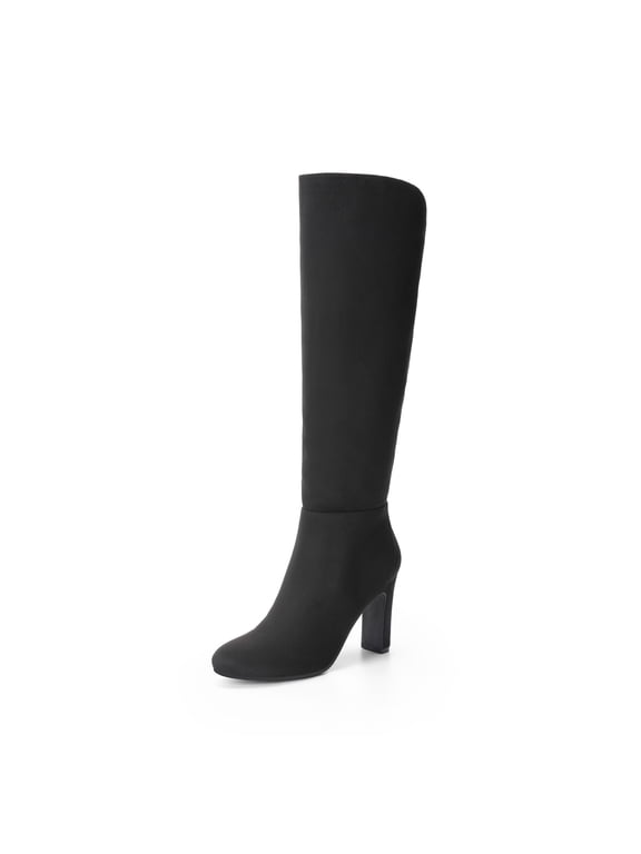 Women's Knee High Boots, Round Toe Block High Heel Dress Boots with Side Zipper