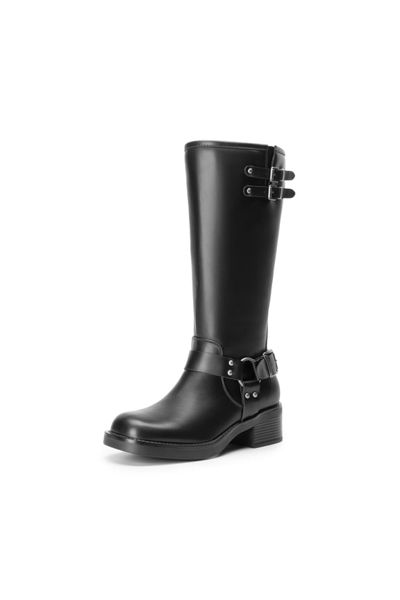Women's Knee High Boots Side Zipper Motorcycle Boots Square Toe Chunky Low Heel Fashion Buckles Biker Riding Boots