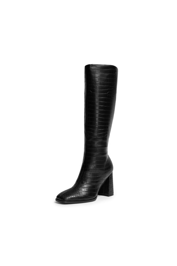 Women's Knee High Boots Square Toe Gogo Boots Chunky Heel Boots with Side Zip Fashion Tall Boots For Women