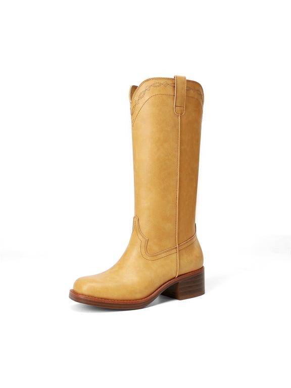 Women's Knee High Boots Square Toe Tall Boots Pull-On Western Stitching Block Heel Fashion Boots