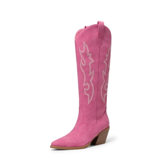 DREAM PAIRS Women's Knee High Cowboy Boots Classic Embroidered Western Boots with Pointed Toe Flexible Non-Slip Chunky Heel Boots