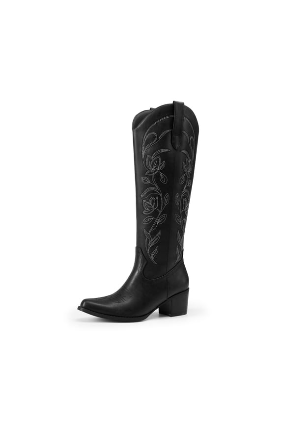 Women's Knee High Cowboy Boots Embroidered Western Boots with Narrow Square Toe Comfortable Chunky Heel Tall Boots with Inner Zipper