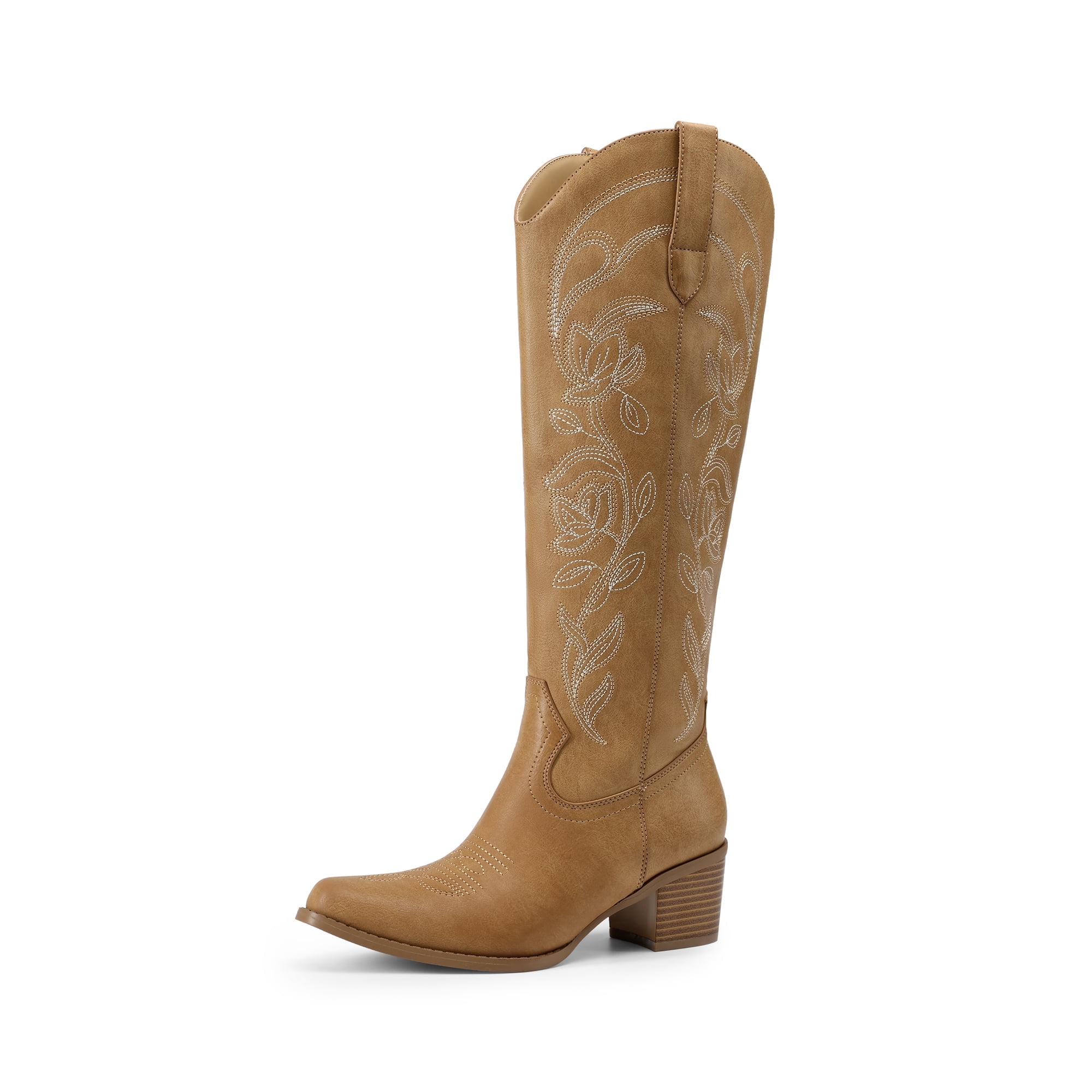 Women's Knee High Cowboy Boots Embroidered Western Boots with Narrow Square Toe Comfortable Chunky Heel Tall Boots with Inner Zipper