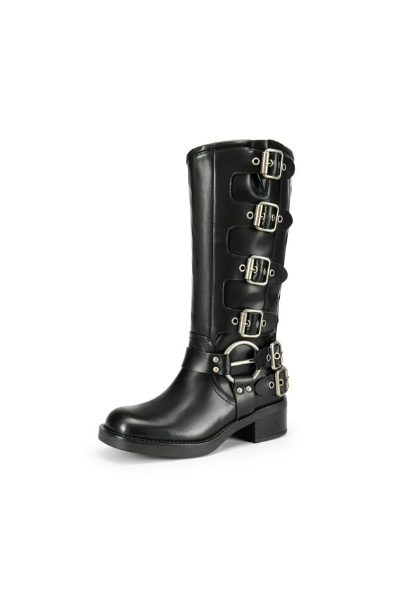 Women's Knee High Riding Boots Side Zipper Motorcycle Boots Square Toe Chunky Heel Fashion Buckles Biker Boots