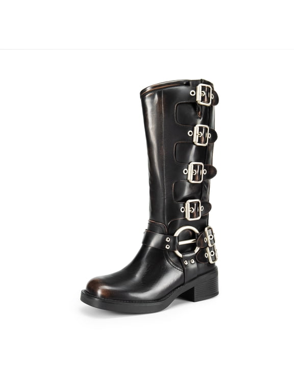 Women's Knee High Riding Boots Side Zipper Motorcycle Boots Square Toe Chunky Heel Fashion Buckles Biker Boots
