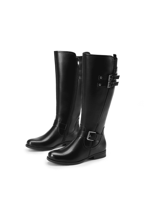 Women's Riding Pirate & Motorcycle Buckle Knee High Boots: Comfortable Low Chunky Heel Flat Design