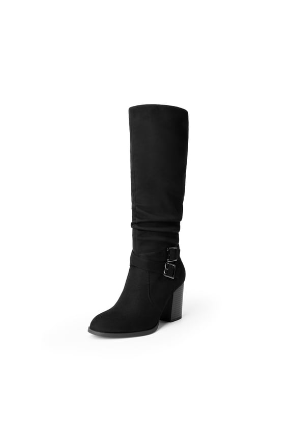 Women's Knee High Slouch Boots Side Zipper Chunky Heel Tall Boots with Buckle