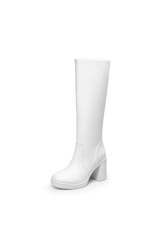 Women's Knee-High Square Toe Gogo Boots with Chunky Block Heel, Platform, and Side Zipper
