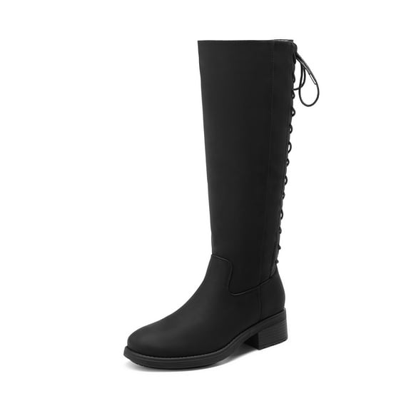 DREAM PAIRS Women's Lace Up Back Knee High Fashion Boots Low Block Heel Riding Boots Round Toe Side Zipper Fall Boots