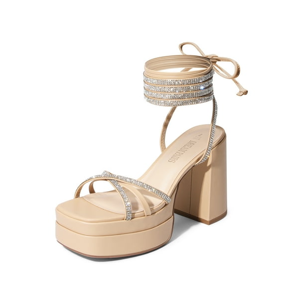 DREAM PAIRS Women's Lace Up Platform Heels Rhinestone High Strappy Chunky Sandal Y2K Shoe for Club Party Date Prom