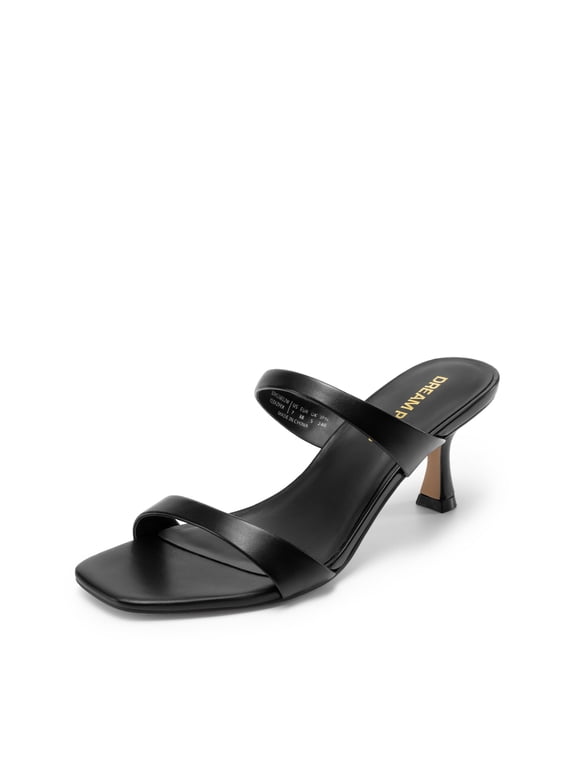 Women's Low Kitten Heels Square Toe Two Strap Heeled Sandals Dress Casual Summer Mules Shoes