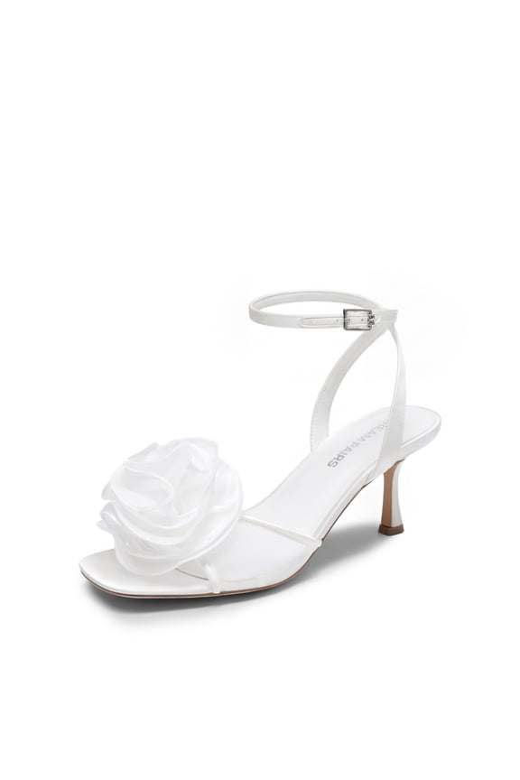 Women's Low Kitten Wedding Heels Ankle Strap Square Toe Heeled Sandals Flower Dress Shoes