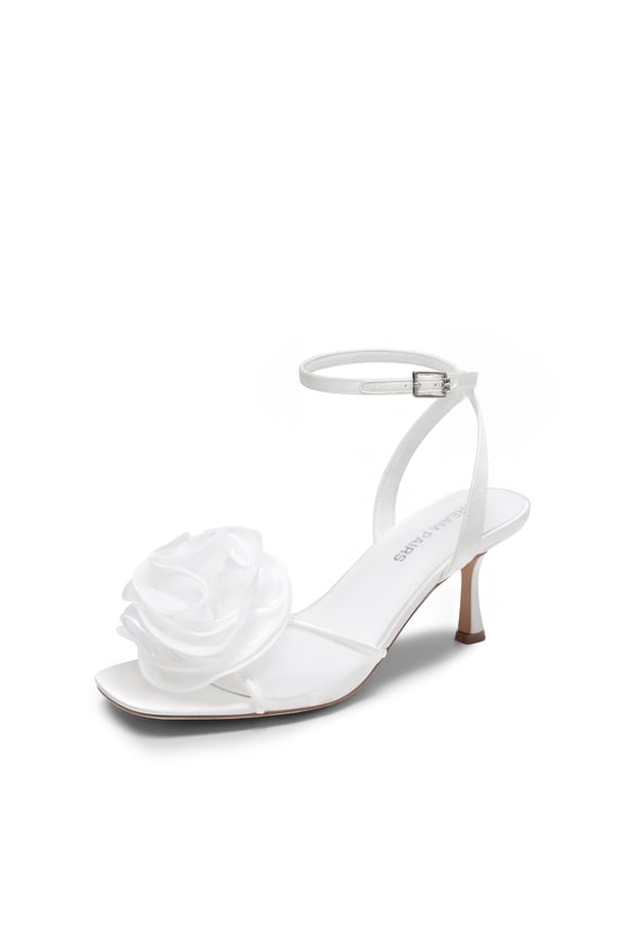 Women's Low Kitten Wedding Heels Ankle Strap Square Toe Heeled Sandals Flower Dress Shoes