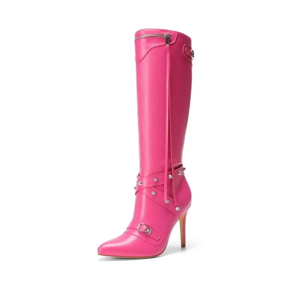 DREAM PAIRS Women's Metallic Stiletto Heeled Knee High Boots Sexy Fashion Pointed Toe Dress Boots with Stud and Zipper Tassel