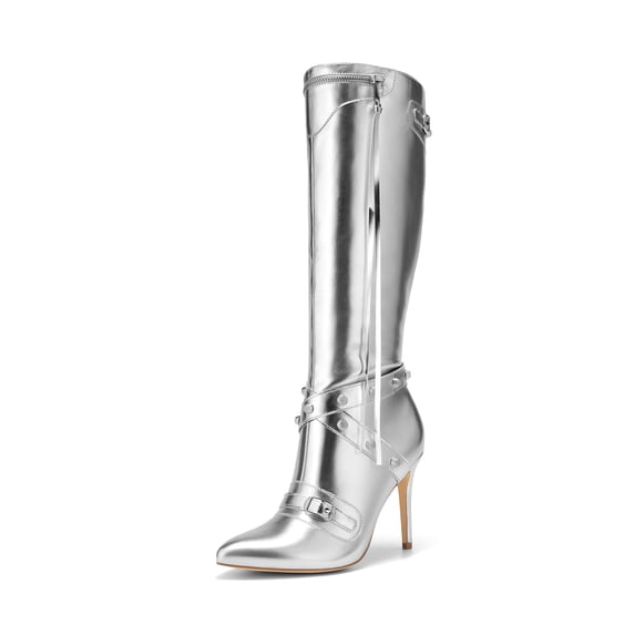 DREAM PAIRS Women's Metallic Stiletto Heeled Knee High Boots Sexy Fashion Pointed Toe Dress Boots with Stud and Zipper Tassel