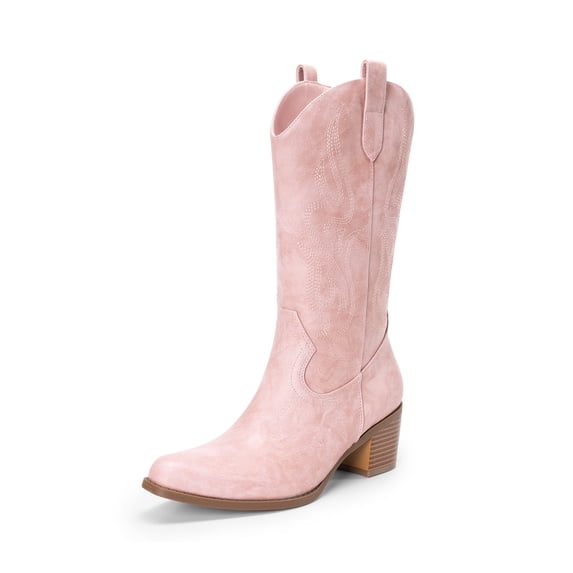 DREAM PAIRS Women's Mid Calf Boots Cowboy Cowgirl Embroidered Western Boots Square Toe Chunky Heel Wide Width