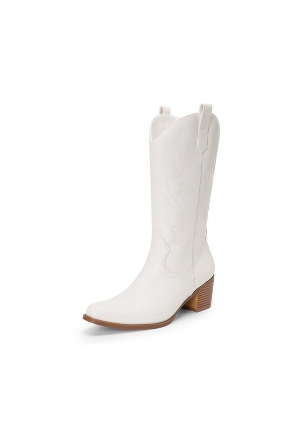 Women's Mid Calf Boots Cowboy Cowgirl Embroidered Western Boots Square Toe Chunky Heel Wide Width