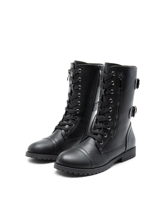 Women's Mid Calf Boots Zipper Leather Combat Boots Flat Buckle Shoes TERRAN BLACK Size 8.5
