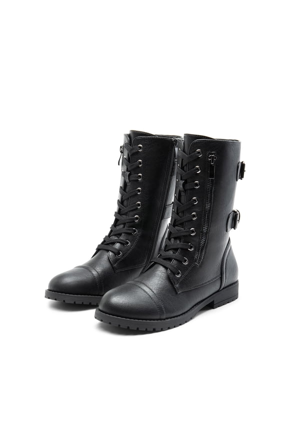 Women's Mid Calf Boots Zipper Leather Combat Boots Flat Buckle Shoes TERRAN BLACK Size 8.5