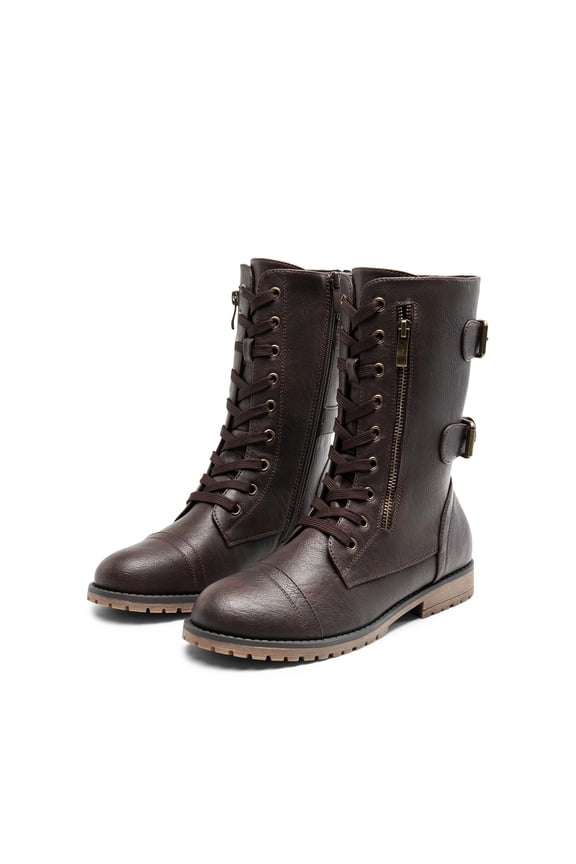 Women's Mid Calf Boots Zipper Leather Combat Boots Flat Buckle Shoes TERRAN BROWN Size 9.5