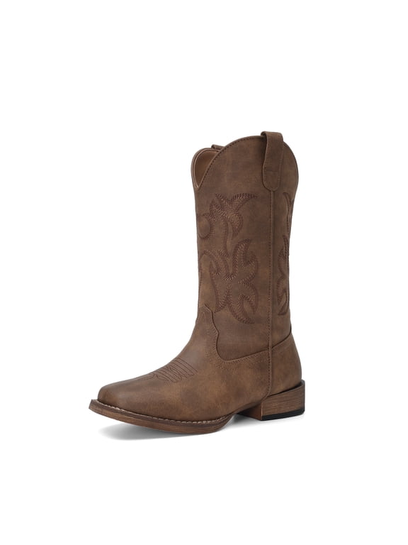 Women's Cowboy Boots Mid Calf Western Cowgirl Boots Wide Square Toe Pull-On Embroidered Boots with Block Heel