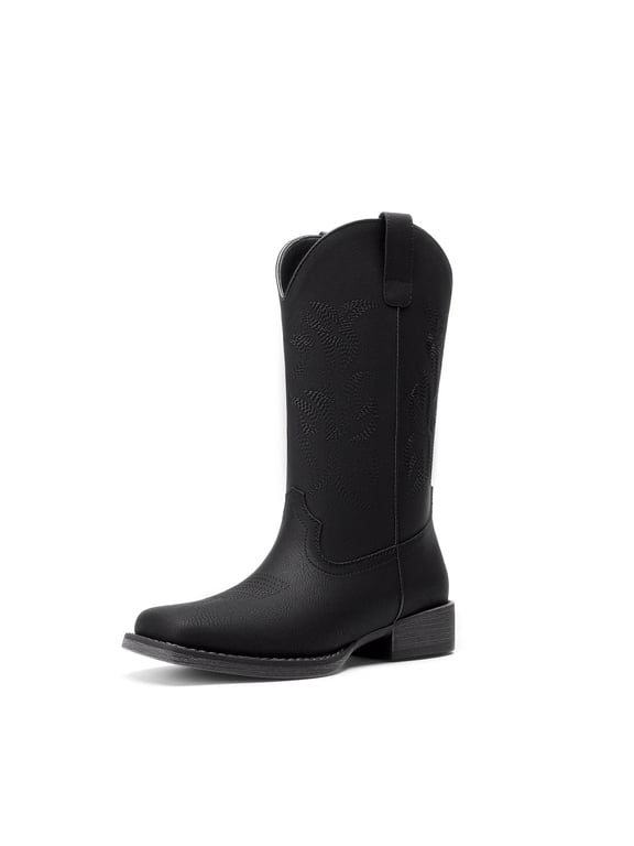 Women's Cowboy Boots Mid Calf Western Cowgirl Boots Wide Square Toe Pull-On Embroidered Boots with Block Heel