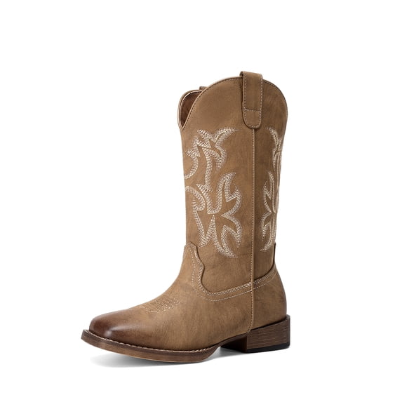 DREAM PAIRS Women's Cowboy Boots Mid Calf Western Cowgirl Boots Wide Square Toe Pull-On Embroidered Boots with Block Heel