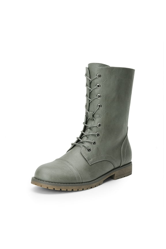 Women’s Mid-Calf Combat Boots, Lace-Up Military Style Boots with Side Zipper, Faux Leather Round Toe Fall Winter Booties