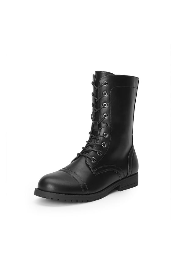 Women’s Mid-Calf Combat Boots, Lace-Up Military Style Boots with Side Zipper, Faux Leather Round Toe Fall Winter Booties
