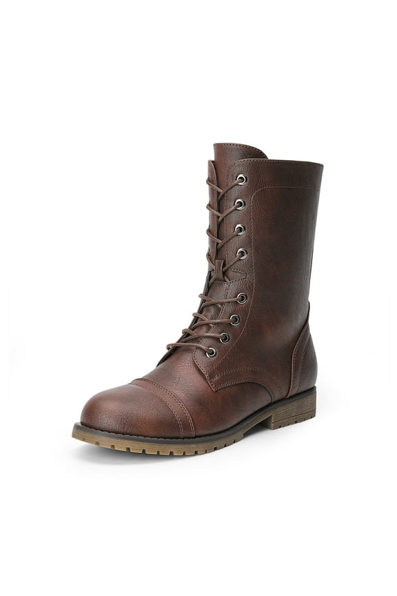 Women’s Mid-Calf Combat Boots, Lace-Up Military Style Boots with Side Zipper, Faux Leather Round Toe Fall Winter Booties
