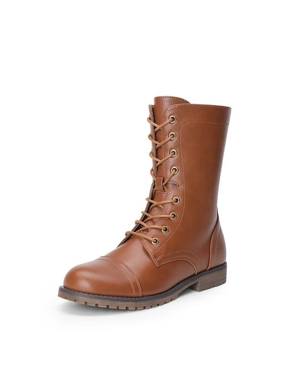 Women’s Mid-Calf Combat Boots, Lace-Up Military Style Boots with Side Zipper, Faux Leather Round Toe Fall Winter Booties