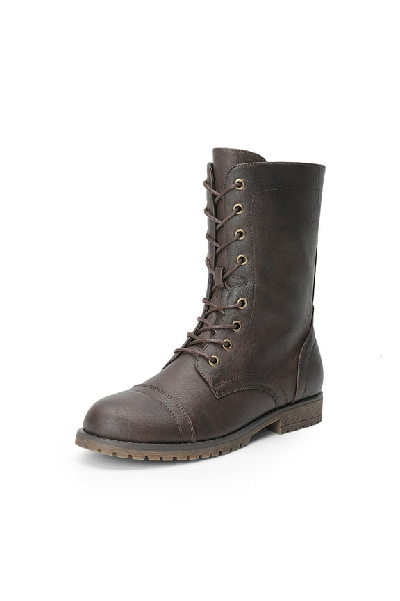 Women’s Mid-Calf Combat Boots, Lace-Up Military Style Boots with Side Zipper, Faux Leather Round Toe Fall Winter Booties