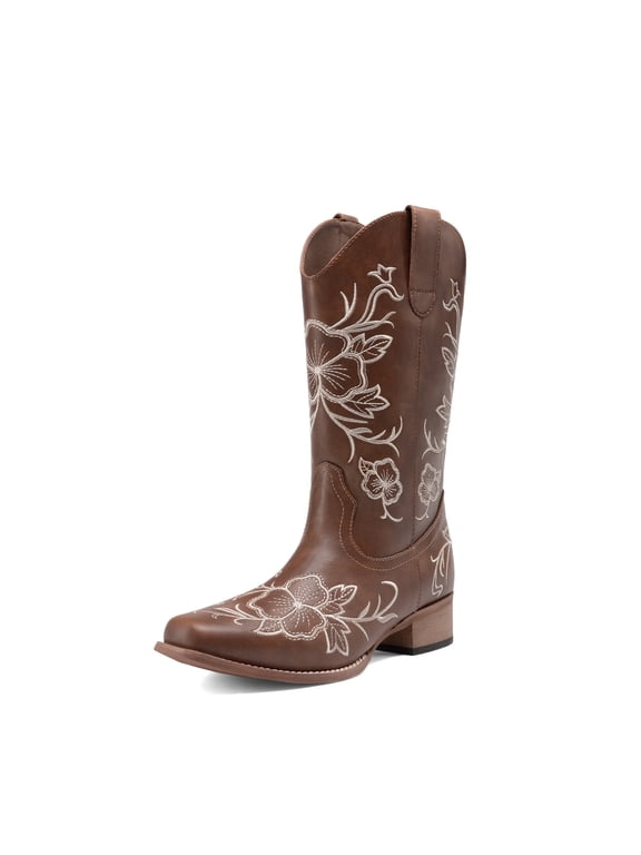 Women's Mid-Calf Cowboy Boots Classic Embroidered Western Boots with Square Toe Comfortable Chunky Heel Vegan Leather Boots