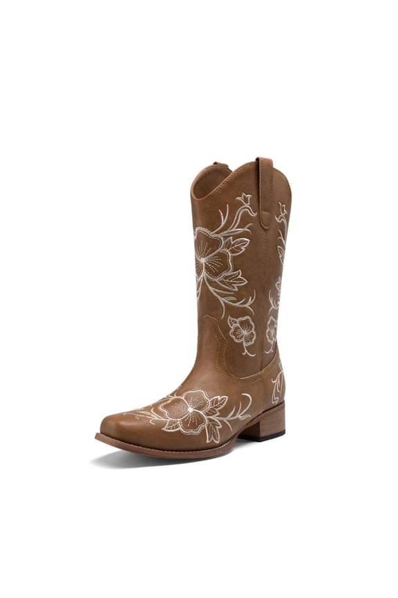 Women's Mid-Calf Cowboy Boots Classic Embroidered Western Boots with Square Toe Comfortable Chunky Heel Vegan Leather Boots