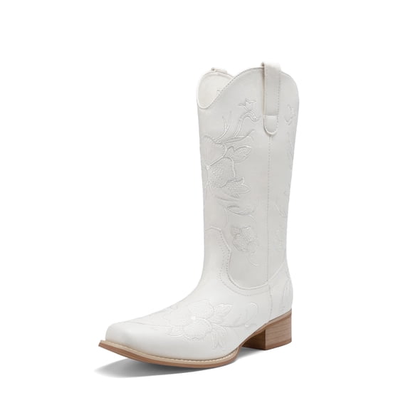 DREAM PAIRS Women's Mid-Calf Cowboy Boots Classic Embroidered Western Boots with Square Toe Comfortable Chunky Heel Vegan Leather Boots