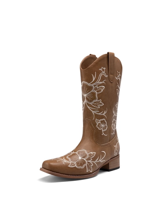 Women's Mid-Calf Cowboy Boots Classic Embroidered Western Boots with Square Toe Comfortable Chunky Heel Vegan Leather Boots