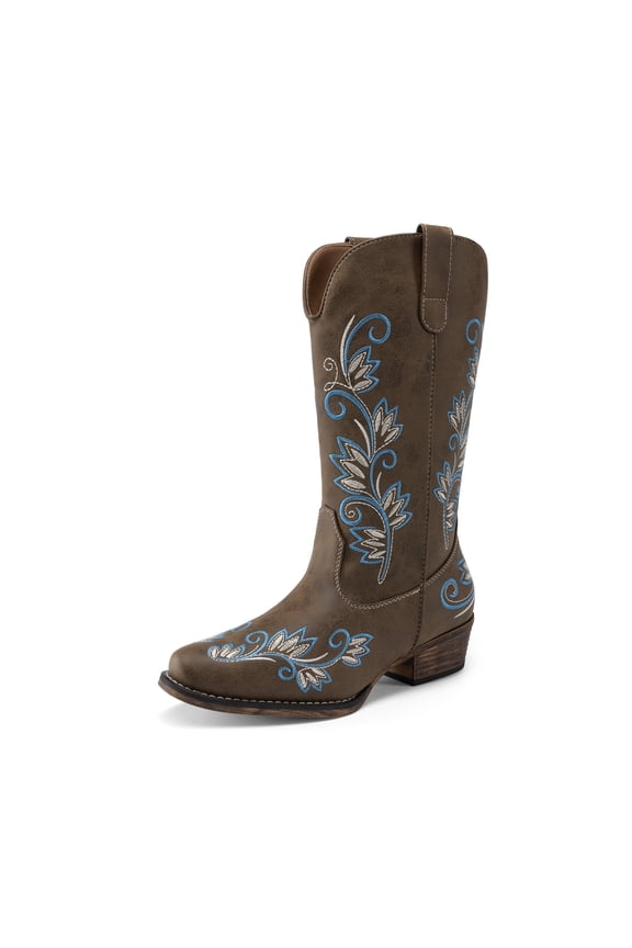 Women's Mid-Calf Cowboy Boots Embroidered Western Boots with Square Toe Classic Chunky Heel Vegan Leather Boots