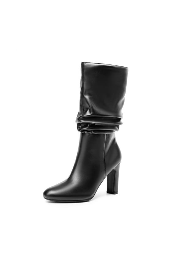 Women's Mid Calf Slouch Boots, Fashion High Heel Almond Toe Fall Winter Dressy Boots