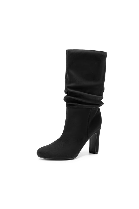 Women's Mid Calf Slouch Boots, Fashion High Heel Almond Toe Fall Winter Dressy Boots
