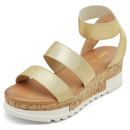 DREAM PAIRS Women's Open Toe Ankle Strap Casual Flatform Platform Sandals REED-1 GOLD size 8.5