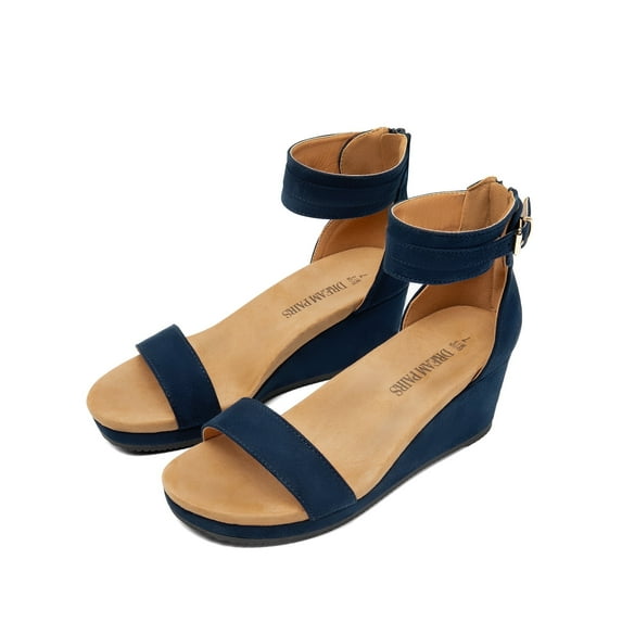 DREAM PAIRS Women's Open Toe Buckle Ankle Strap Platform Wedge Sandals NAVY size 8